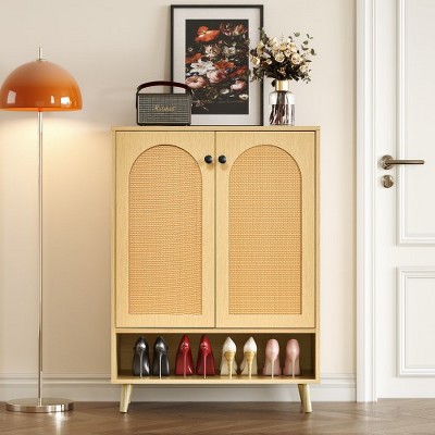 Shoe Storage Cabinet With Adjustable Plates And 2 Rattan Doors Freestanding Organizer With Legs Narrow Shoe Rack Cabinet, For Home, Office, Enterway