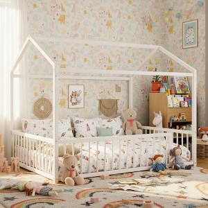 Polibi Montessori Metal House Floor Bed Frame with Full Fence Guardrails - 1 of 4