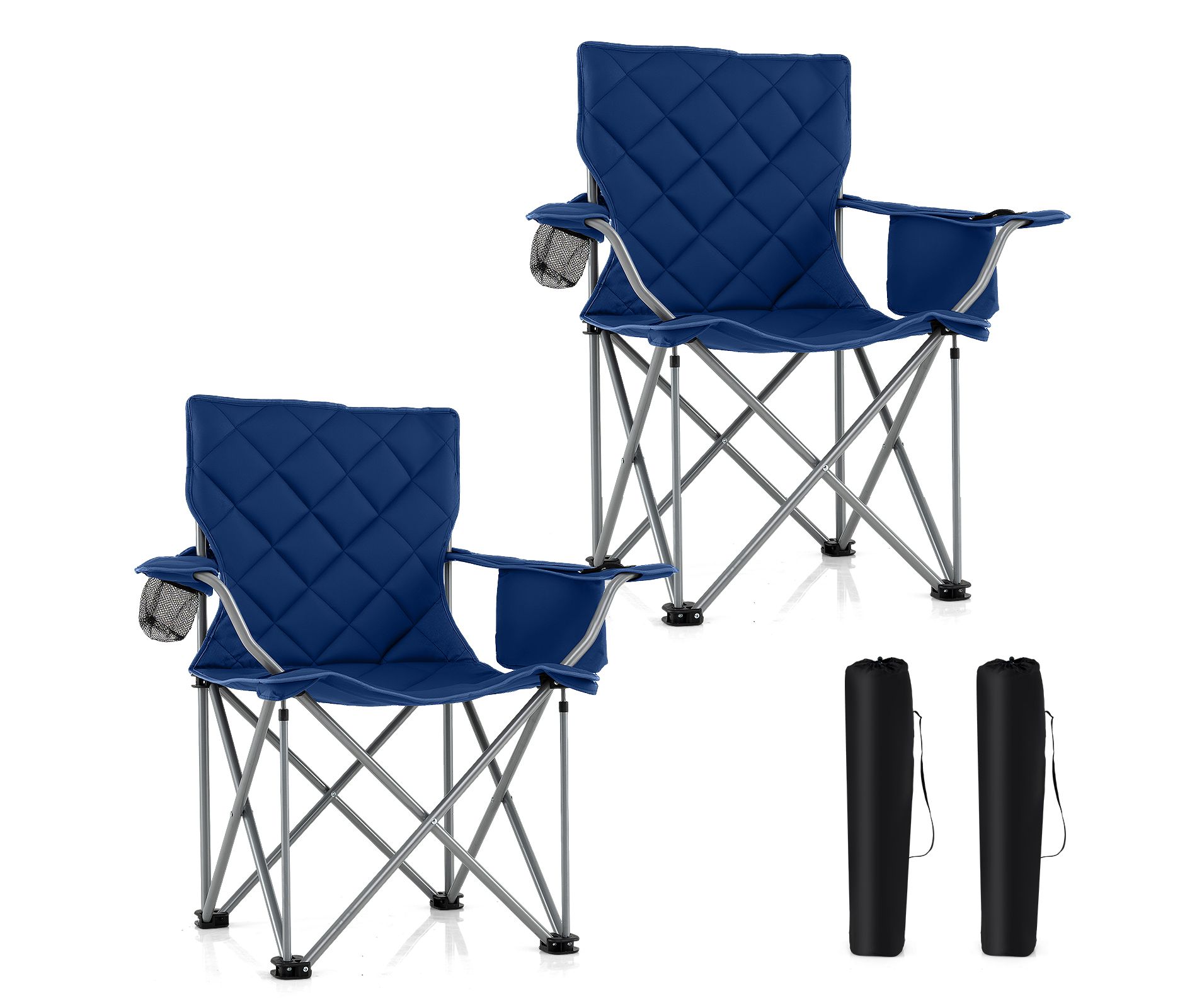 Tangkula 2PCS Oversized Camping Chairs Heavy Duty Outdoor Folding Chair w/Cooler Pouch Navy