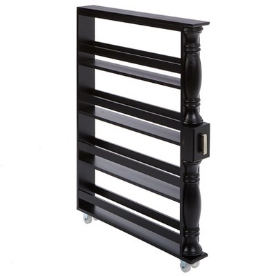 Slim Black Wooden Rolling Kitchen Cart with 4 Shelves