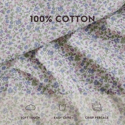 King White Cotton Percale Sheet Set with Floral Print