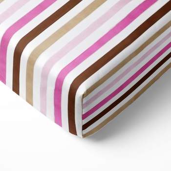 Bacati - Multicolor Stripes Pink Fuschia Beige Chocolate 100 percent Cotton Universal Baby US Standard Crib or Toddler Bed Fitted Sheet
