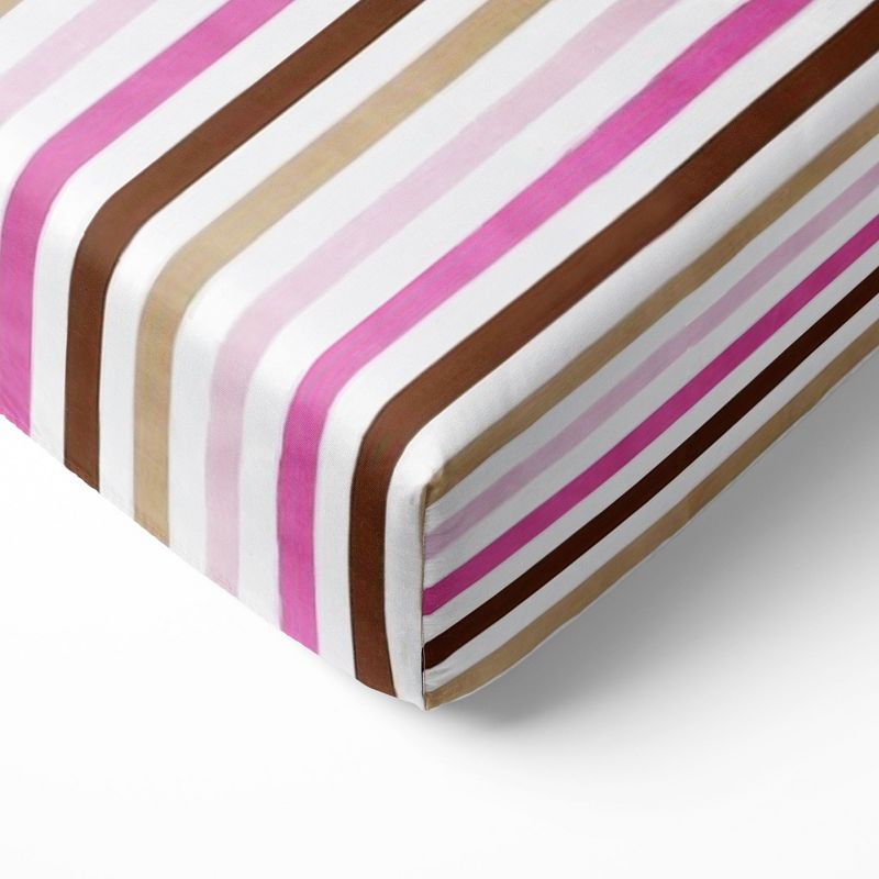 Bacati - Multicolor Stripes Pink Fuschia Beige Chocolate 100 percent Cotton Universal Baby US Standard Crib or Toddler Bed Fitted Sheet, 1 of 7