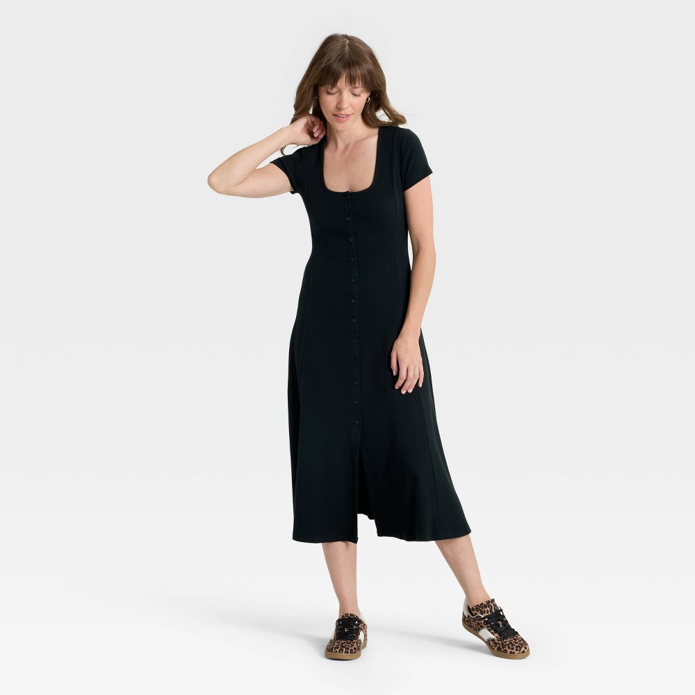 Women's Short Sleeve Knit Button-Front Midi A-Line Dress - Universal Thread™ Black M