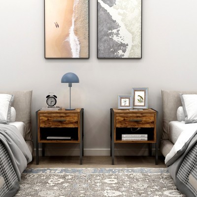 RISOKEYS  2 pcs Retro Nightstand, Bedside Furniture with Steel Frame, Side Table for Bedroom, Dorm, Rustic Brown Wood Grain Print