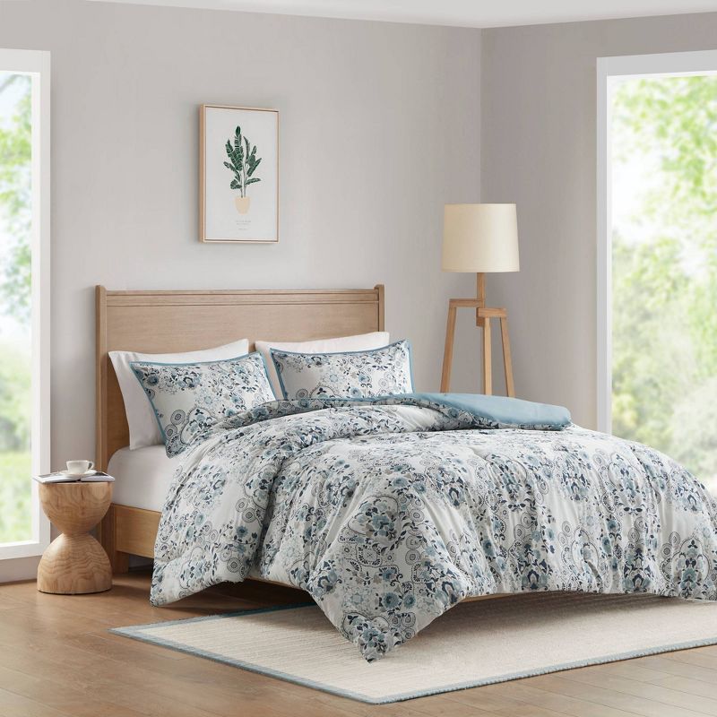 3pc Elsie Floral Printed Cotton Comforter Set Blue - Madison Park, 2 of 11