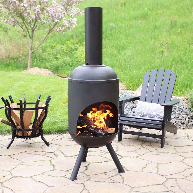 Sunnydaze Outdoor Backyard Patio Modern Steel Wood-Burning Fire Pit Chiminea with Wood Grate - 5' - Black, 3 of 12