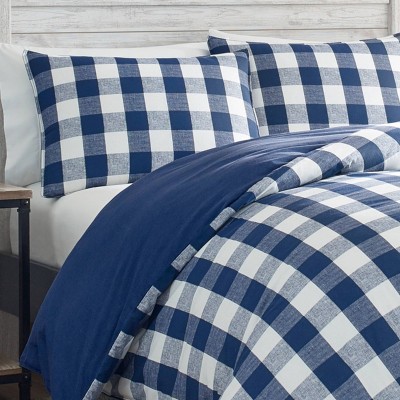 Twin Blue and White Plaid Cotton Duvet Cover Set