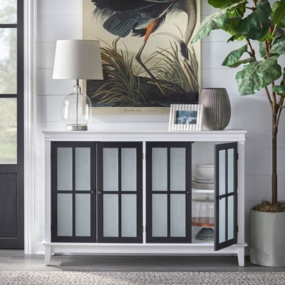 Hampshire Modern Farmhouse 58" White & Black Buffet with Glass Doors