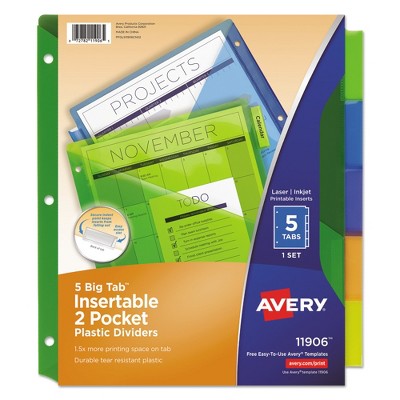 Avery Big Tab Dividers, Two Slash Pockets, 5-Tab, Assorted, Pack