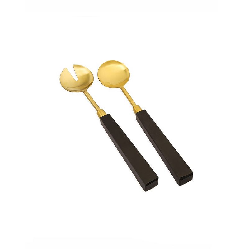 Classic Touch Set of 2 Gold Salad Servers with Black Stone Handles, 2 of 3