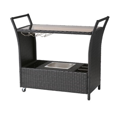 GDFStudio Lourdes Outdoor Wicker and Aluminum Serving Bar Cart