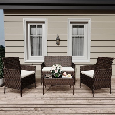 4-Piece Outdoor Patio Set, Rattan Loveseat, 2 Chairs & Glass Table w/ Cushions, For Garden, Poolside, Balcony