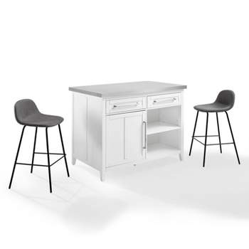 Silvia Stainless Steel Top Kitchen Island with Riley Stools White/Gray - Crosley