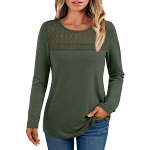 Women's Long Sleeve Top Casual Blouse with Lace Hollow Out Design - 1 of 4
