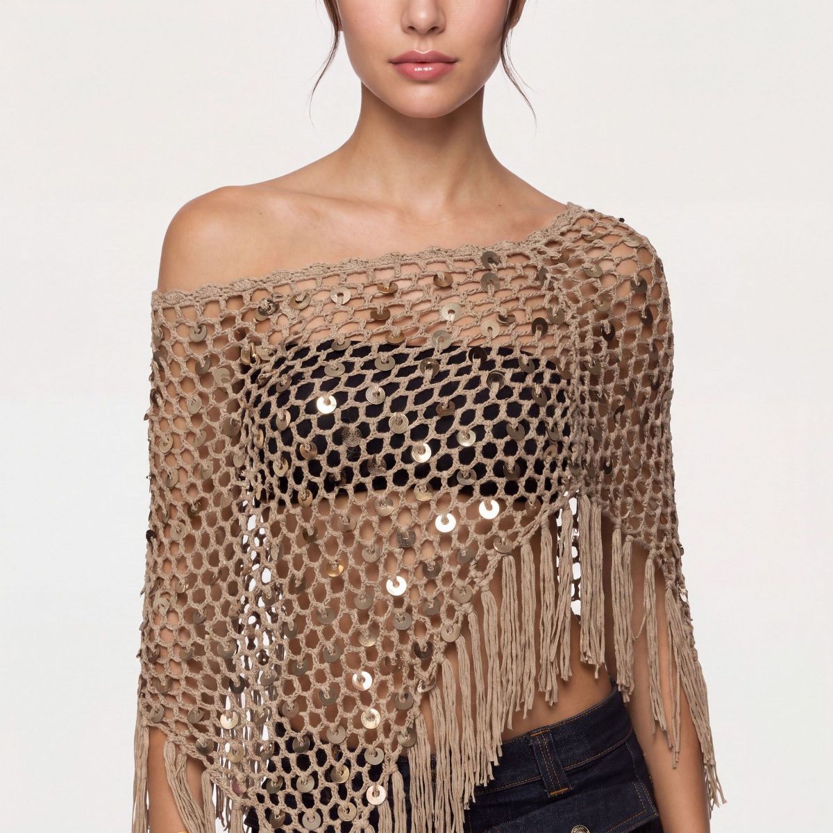 Anna-Kaci Women's Open Knit Sequin Fringe Asymmetrical Poncho Shawl Cover Up with Draped One Shoulder Styling - Khaki