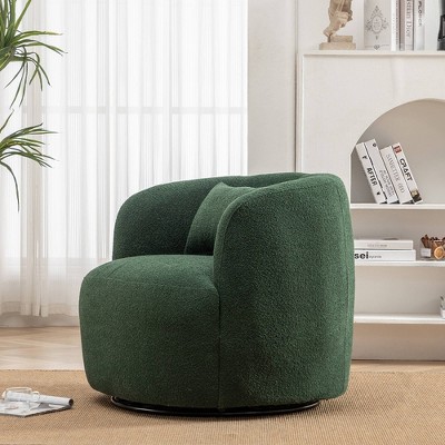 Green Boucle Upholstered Swivel Barrel Accent Chair with Wood Frame