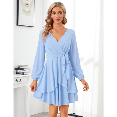 Womens Skater Dresses Sexy V Neck Short Sleeve Tie Waist Solid Ruffle Boho Flowy Swing Mini Dress