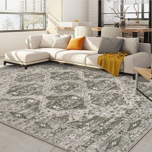 Area Rug Retro Boho Pattern Washable Ultra-Thin Non Slip Living Room Dining Bedroom & Office Dark Green - 1 of 4