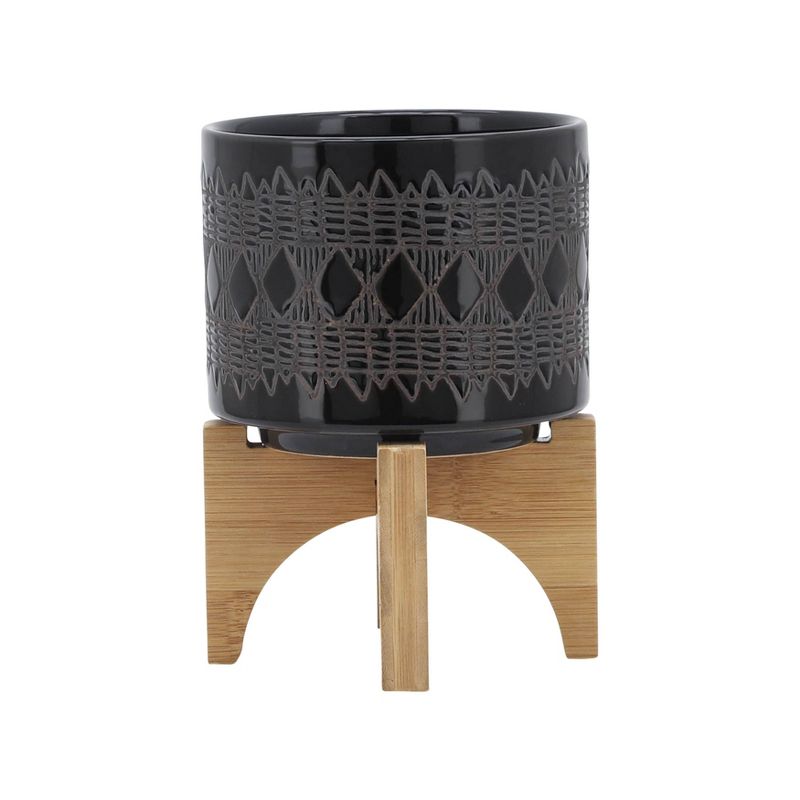 Sagebrook Home with Wooden Stand Aztec Ceramic Indoor Outdoor Planter Pot Black, 3 of 11