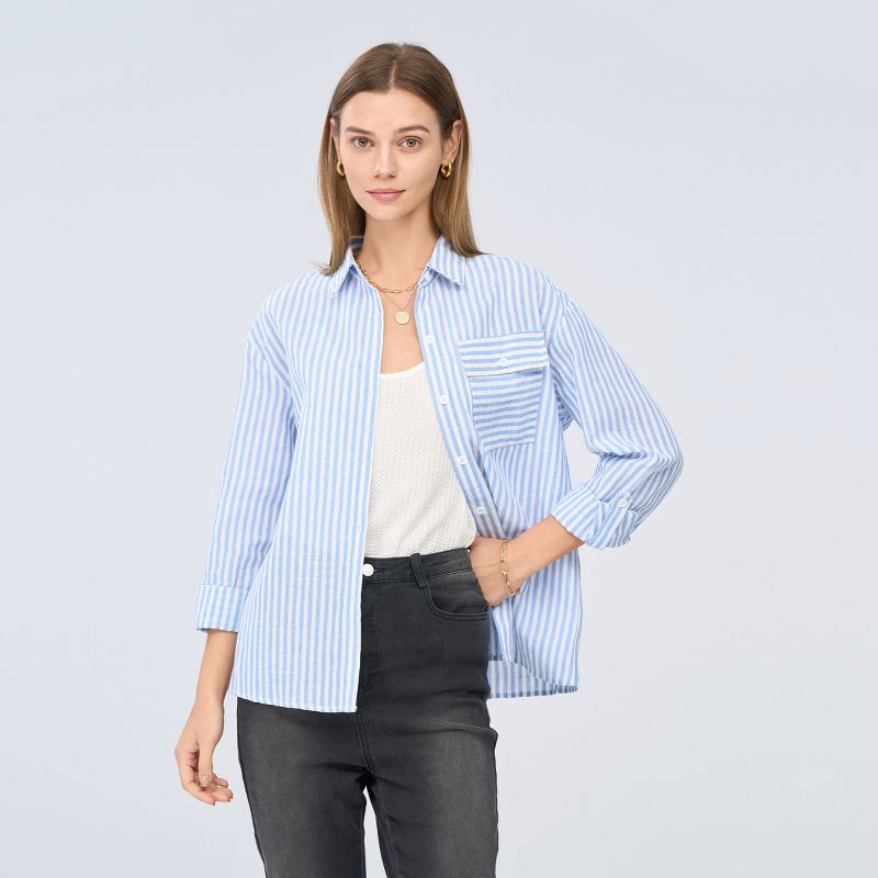 Women's Striped Flap Pocket Dropped Long Sleeve Shirt -Cupshe, 2 of 14