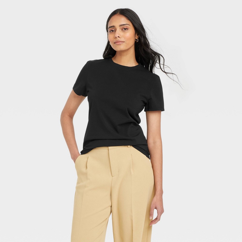 Women's Short Sleeve T-Shirt - A New Day™ Dark Black M: Crew Neck, Jersey Fabric