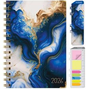 HARDCOVER 2026 Planner, 5.5"x8": 14 Months (Nov 2025-Dec 2026), Daily/Weekly/Monthly,  Bookmark, Pocket Folder w Sticky Notes (Dark Blue Marble) - 1 of 4
