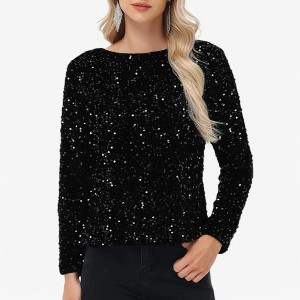 Anna-Kaci Women's Long Sleeve Sequin Top Round Neck Sparkle Blouse - 1 of 4