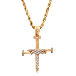 Steeltime 24" Men's 18k gold plated stainless steel simulated diamond nail style cross pendant - 1 of 4