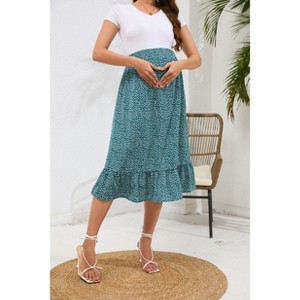 Coolmee Women Maternity Maxi Skirts Leopard Print Pleated Elastic High Waisted Casual Flowy Long Skirts - 1 of 4