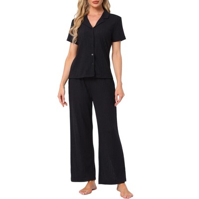 INSPIRE CHIC Women's Turndown Collar Knit Short Sleeve Top with Side Pocket Long Pant Pajamas Set