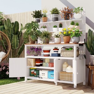 GDFStudio 50"W Fir Wood Garden Workstation with 2 Cabinets and 3 Side Hooks, White - 1 of 4