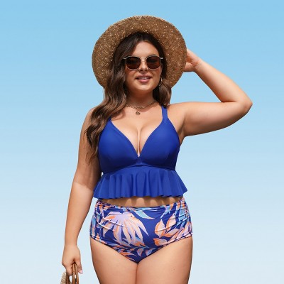 Women's Plus Size V-Neck Flounce Floral Paisley Tankini Bikini Set -Cupshe