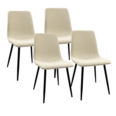 Vynxaria Set of 4 Dining Chairs: Light Grey Linen Padding, Sturdy Black Metal Legs, Perfect for Dining & Living Areas