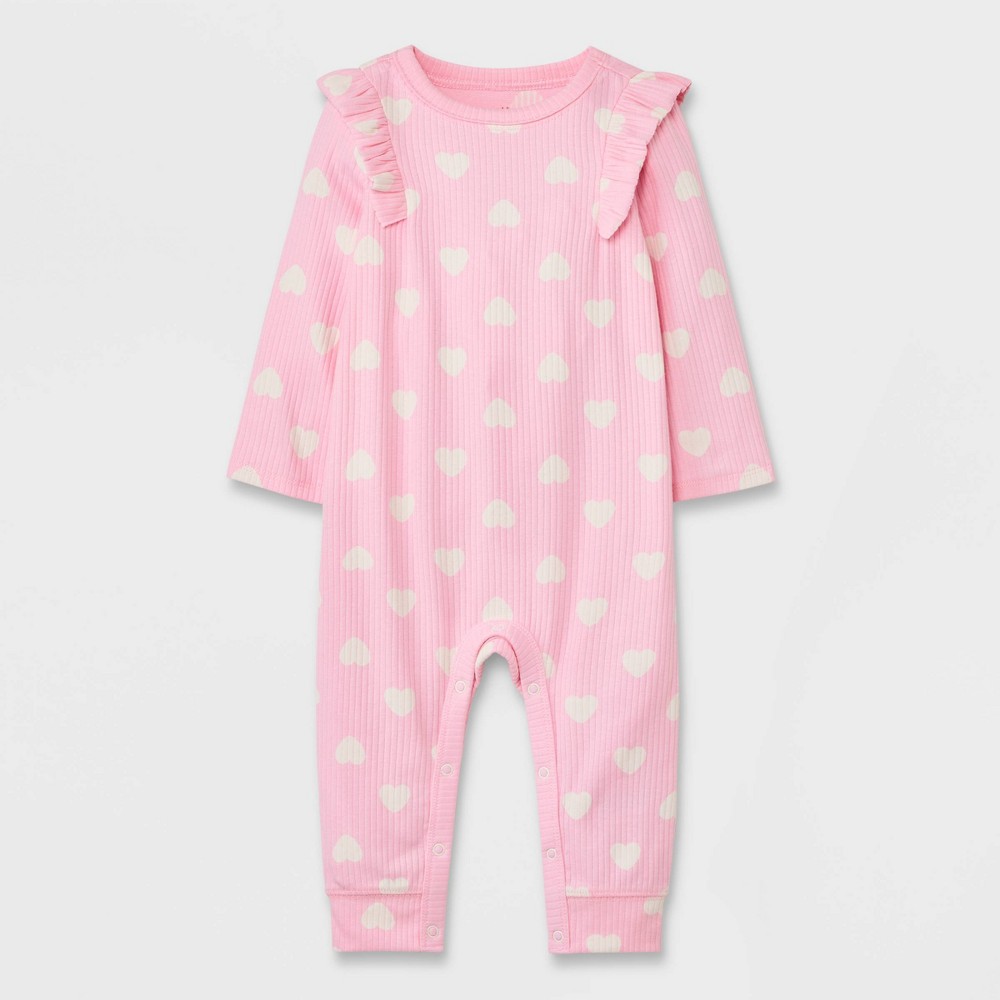 Size 6-9M Baby Girls' Heart Ribbed Romper - Cat & Jack Pink 6-9M