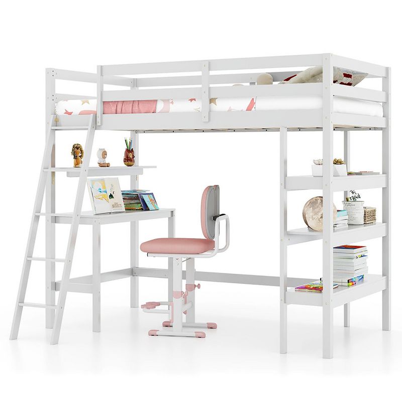Tangkula Twin Size Solid Wood Loft Bed w/ Desk & Bookshelves Ladder & Guardrails, 1 of 11