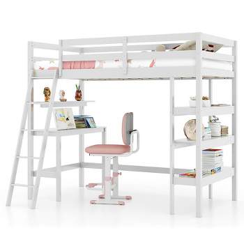 Tangkula Twin Size Solid Wood Loft Bed w/ Desk & Bookshelves Ladder & Guardrails