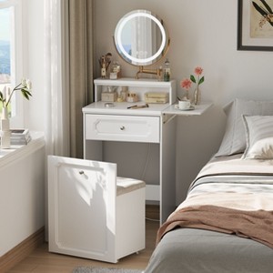 52.13"White Makeup Vanity Desk with Round Mirror and Lights, 2 in 1 Nightstand, Dressing Table with a Chair - 1 of 4