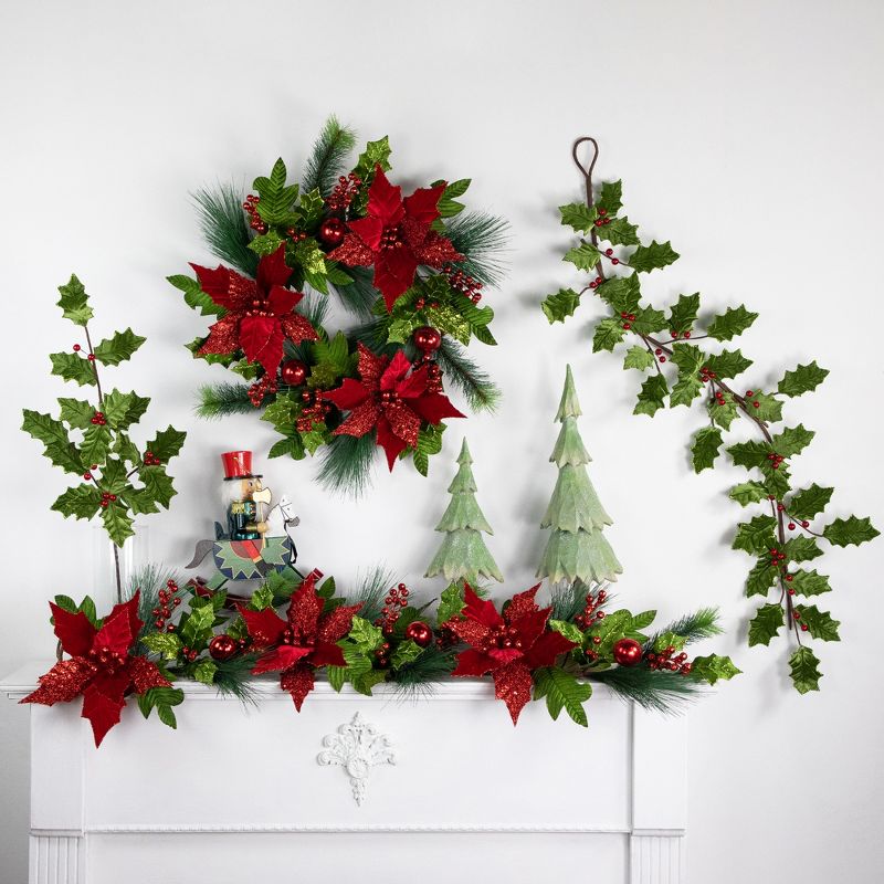 Northlight 24" Glittered Red Poinsettia and Long Pine Christmas Wreath, Unlit, 3 of 10