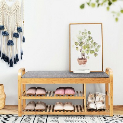 Natural Bamboo 3-Tier Shoe Bench with Gray Cushion