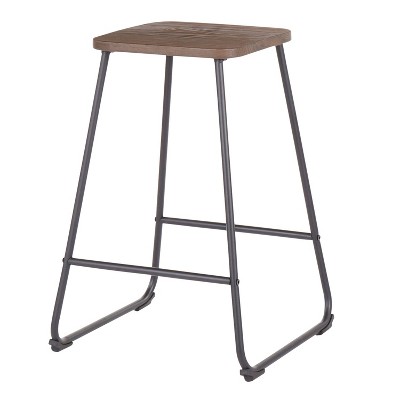 Industrial Black Metal and Espresso Wood Backless Counter Stools, Set of 2