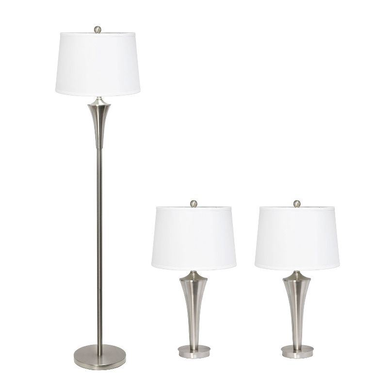 Set of 3 Tapered Lamp Set (2 Table Lamps and 1 Floor Lamp) with Shades Metallic Silver/White - Elegant Designs: Modern Brushed Nickel, 1 of 11