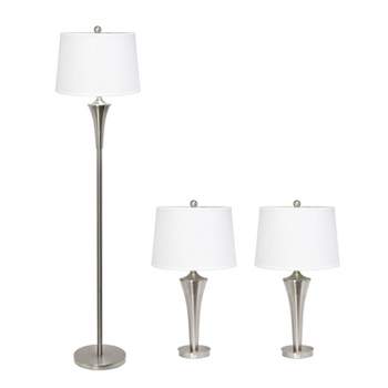 Set of 3 Tapered Lamp Set (2 Table Lamps and 1 Floor Lamp) with Shades Metallic Silver/White - Elegant Designs: Modern Brushed Nickel