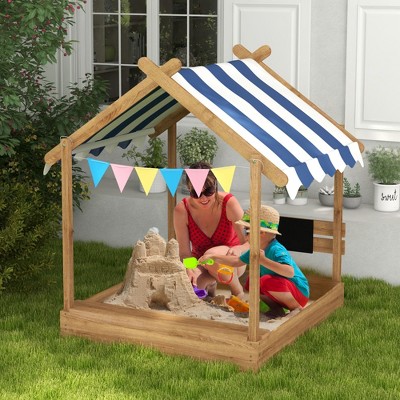 VYNXARIA Wooden Sandbox with Canopy House Design for 3-7 Years Old, Brown