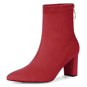 Allegra K Women's Pointed Toe Back Zipper Chunky Heels Ankle Boots - 1 of 4