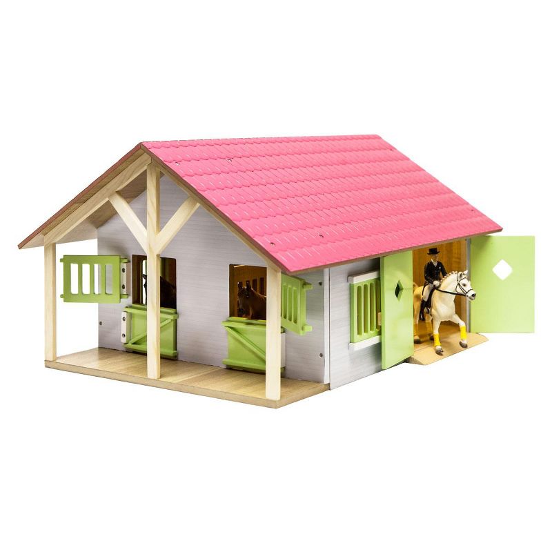 Kids Globe 1/24 Pink, White & Green Wooden Horse Stable w/ 2 Box Stalls & Workshop 61068, 1 of 6
