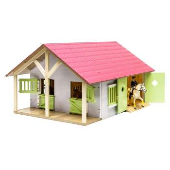 Kids Globe 1/24 Pink, White & Green Wooden Horse Stable w/ 2 Box Stalls & Workshop 61068