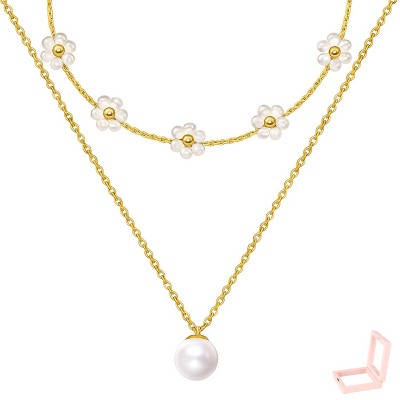 Double-Layer Daisy Floral & Pearl Necklace - Gold-Tone, Layered Chain Design with Floral and Elegant Accents