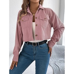 Womens Jackets Corduroy Cropped Button Front Pocket Notch Collar Jacket - 1 of 3