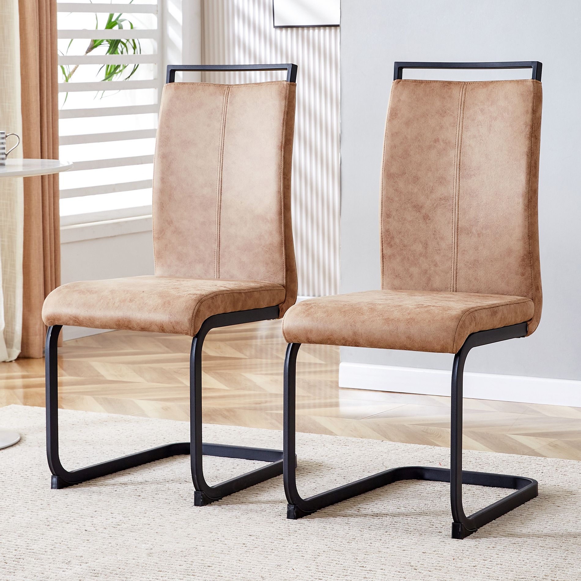 Gulches Modern Tech Cloth Dining Chairs (Set of 2) High Back Upholstered Side Chairs with C-Shaped Black Metal Legs for Dining Room Kitchen Office